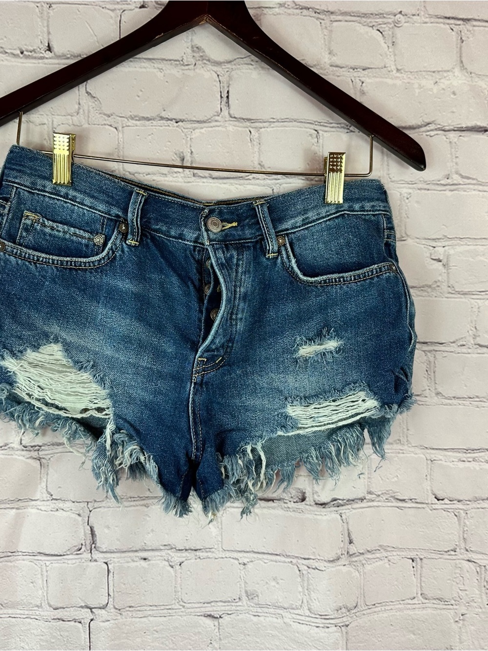 We The Free people button fly Distressed Denim Cutoff jean Shorts women 26 boho